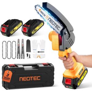 imageMini Chainsaw Cordless 6inch NEOTEC Handheld Electric Chainsaw with 2000mAh Battery Chain Saw Battery Powered for Tree Trimming Wood Cutting Mini Chain Saw Gifts for Home and Garden2 Batteries2 Guide Bars3 Chains
