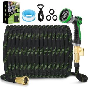 imageNonExpandable Garden Hose 75 ft Ultra Lightweight ampamp Flexible Water Hose With 10Pattern Spray Nozzle Full Length LeakProof Design HighDensity Fabric ampamp ShutOff Valve Hose Straps