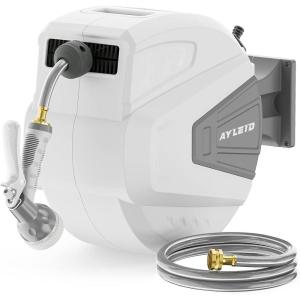 imageAyleid Retractable Garden Hose Reel12 in x 65 ft Wall Mounted Hose Reel with 9 Function Sprayer Nozzle Any Length LockSlow Return SystemWall Mounted180Swivel Bracket GreyAgray