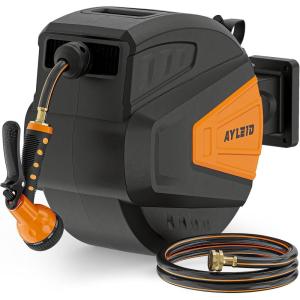 imageAyleid Retractable Garden Hose Reel12 in x 65 ft Wall Mounted Hose Reel with 9 Function Sprayer Nozzle Any Length LockSlow Return SystemWall Mounted180Swivel Bracket GreyBblack