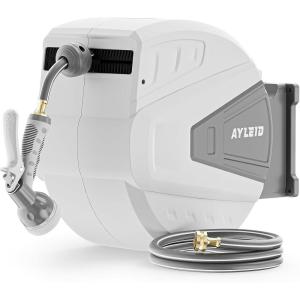 imageAyleid Retractable Garden Hose Reel58 in x 100 FT Wall Mounted Hose Reel with 9 Function Sprayer Nozzle Any Length LockSlow Return SystemWall Mounted180Swivel Bracket BlackLight Grey