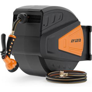 imageAyleid Retractable Garden Hose Reel58 in x 100 FT Wall Mounted Hose Reel with 9 Function Sprayer Nozzle Any Length LockSlow Return SystemWall Mounted180Swivel Bracket BlackDeep Black