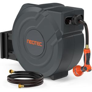 imageNEOTEC Retractable Garden Hose Reel 12 inch x 100ft  Wall Mounted Heavy Duty Hose Reel with 34 Inch Brass Fittings ampamp 9Pattern Nozzle  Auto Rewind System Any Length Lock 180 Swivel Bracket58in 90FT65 FT