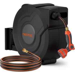 imageNEOTEC Retractable Garden Hose Reel 12 inch x 130ft  Wall Mounted Heavy Duty Hose Reel with 34 Inch Brass Fittings ampamp 9Pattern Nozzle  Auto Rewind System Any Length Lock 180 Swivel Bracket12in 150FT65 FT
