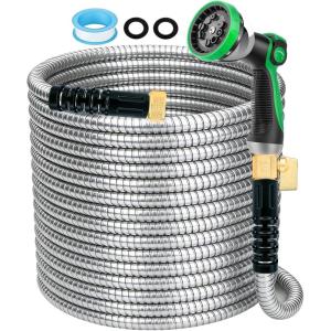 image:imageGarden Hose 25 ft NonExpandable  Ultra Lightweight Super Flexible amp KinkFree Water Hose with ShutOff Valve 10Pattern Nozzle amp Holder Leakproof Heavy Duty Hose for Yard Outdoor BlueSilver